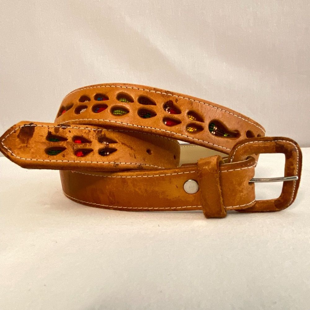💎Western Tan Leather Belt Unisex 34 Waist Colorful Teardrop Needlepoint Inlay